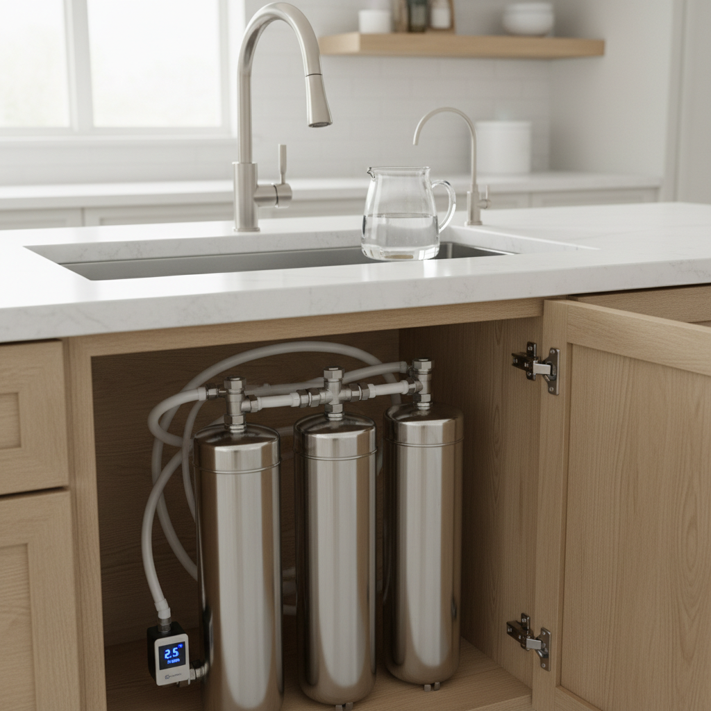 A modern undersink water filtration system with gleaming stainless steel canisters and crisp white tubing installed inside a tidy kitchen cabinet. Above, a brushed nickel faucet with a slim, dedicated filtered water spout arcs over a spotless quartz countertop and a deep stainless steel sink filled with a clear glass carafe of pristine water. Soft daylight from a nearby window reflects off the water’s surface, creating subtle highlights and gentle shadows within the cabinet. Photographic realism at eye level with a slight angle into the open cabinet, sharp focus on the filtration unit, and a softly blurred, neutral-toned kitchen background. The atmosphere feels clean, trustworthy, and quietly high-end, ideal for a professional water quality blog.
